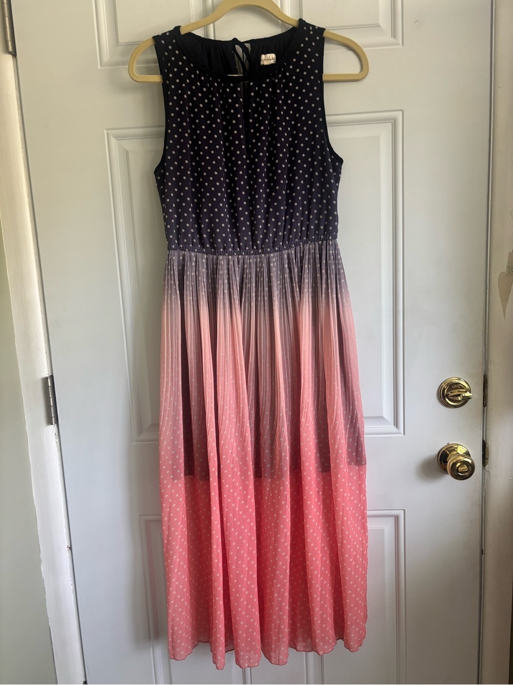 Madison Jules Navy & White Polka Dot Top w/ Pink/Coral Ombre Midi Dress, Size M